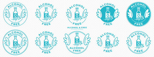 A set of conceptual stamps for packaging products. Labeling - alcohol free. A round stamp with wings - a symbol of liberation, freedom. Bottle flat icon with a line of outflowing ingredient. Vector 