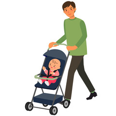 ベビーカーを押して歩く父親