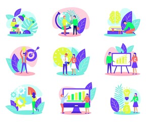 Business concept set. Business people working together, brainstorming, discussing and sharing creative ideas, planning and doing presentation flat vector illustration