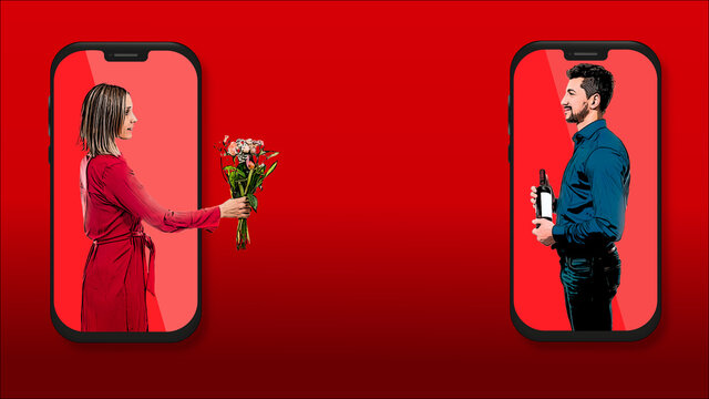 Illustration of a woman, inside a phone screen, giving flowers to her boyfriend, drawn opposite, inside the screen of another phone. Different Valentine's Day. Covid  Concept. Red Background.