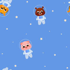 Seamless pattern for bedding, wallpaper or fabric, animals explore cosmos in cartoon style on blue background, cute characters in astronaut costumes