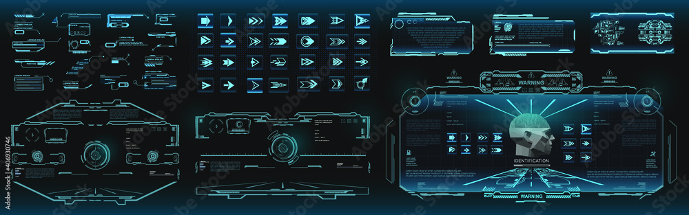 Poster set custom holographic screens with data and information in hud ui style. futuristic set of screen e