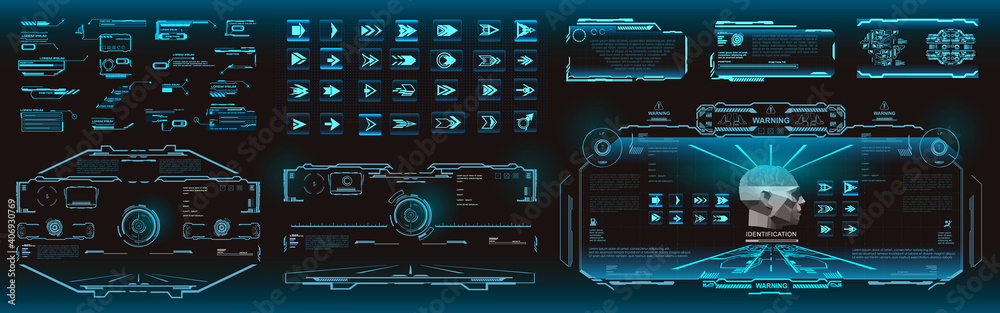 Poster set custom holographic screens with data and information in hud ui style. futuristic set of screen e