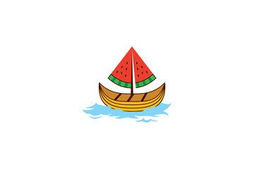 Colorful watermelon fruit boat logo design template. isolated on white background.