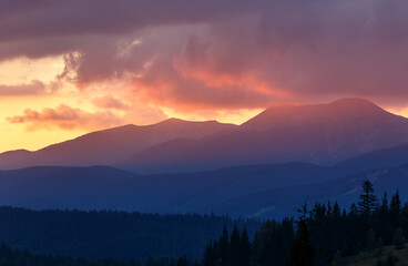 Panoramic view of sunset in the mountains