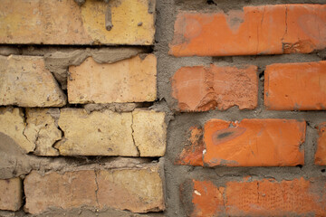 Old brick wall background or texture. Grungy old red brick wall texture background with deterioration from age