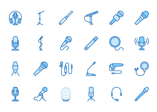 Mic flat line icons set. Podcast mike, journalist microphone, karaoke, conference, windscreen, retro radio vector illustration. Outline pictogram for music store. Blue color, Editable Stroke