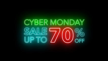 Cyber Monday sale colorful neon sign banner in black background for promote. concept of promotion brand sale series 10-90%
