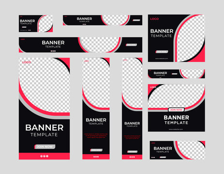Set of creative web banners of standard size with a place for photos. Business ad banner. Vertical, horizontal and square template. Vector illustration web ads design.