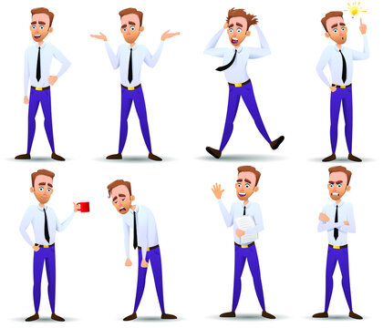 Collection of office workers in a professional position, walking, working, running, jumping, angry, isolated on white background. Businessman character, office worker, office manager. Vector illustrat