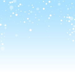 Magic stars random Christmas background. Subtle flying snow flakes and stars on winter sky background. Beauteous winter silver snowflake overlay template. Memorable vector illustration.