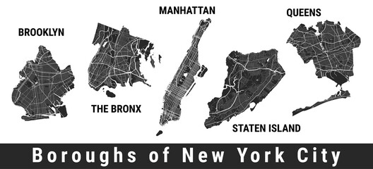New York city boroughs map set. Manhattan, Brooklyn, The Bronx, Staten Island, Queens. - obrazy, fototapety, plakaty
