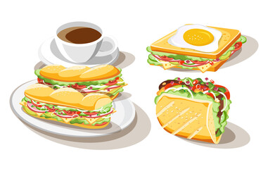 Breakfast sandwich set of food on white background, vector illustration