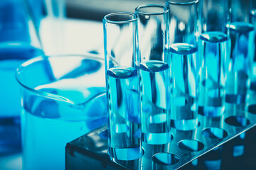 scientific Chemistry glassware for research in laboratory, medicine microbiology or biotechnology technology equipment, coronavirus cure covid-19 vaccine development