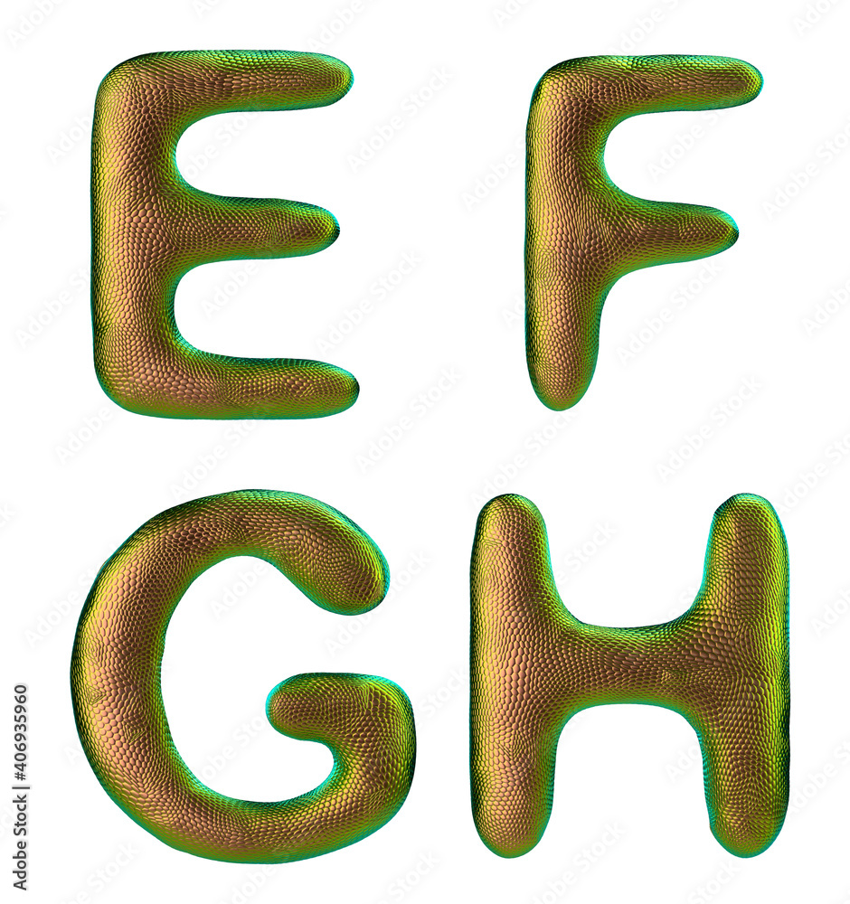 Wall mural set of letters e, f, g, h made of realistic 3d render natural gold snake skin texture.