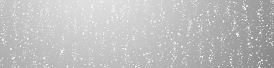 Amazing falling stars Christmas background. Subtle flying snow flakes and stars on grey background. Bold winter silver snowflake overlay template. Incredible panoramic illustration.