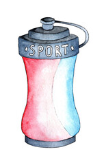 Watercolor illustration of a sports water bottle. A bun with a signature sporty design in pink and blue. A fun and cool drinking container for a sporty look Isolated on white background. Drawn by hand