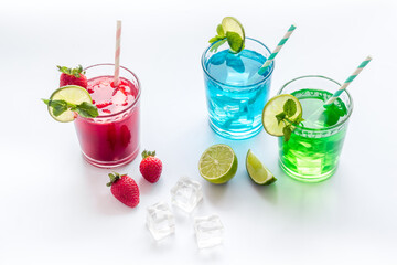 Fresh iced cocktail set with lime mint and strawberry