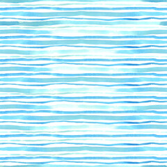Watercolor blue and turquoise striped seamless pattern on white. Great for fabrics, wrapping papers, covers, digital paper. Hand painted endless texture.