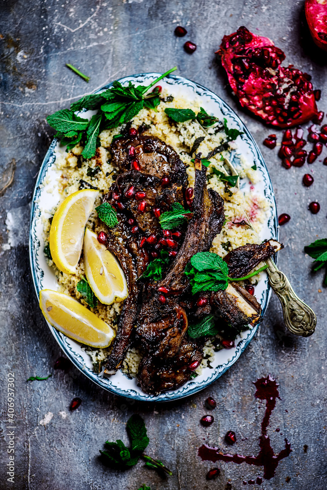 Canvas Prints lamb chops with pomegranate sauce.top view