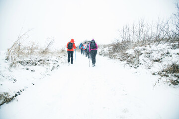 Fototapeta na wymiar Group of hikers walking on the hike trail on snow winter day.
