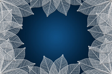 White leaf skeletons frame border on a graduated blue background