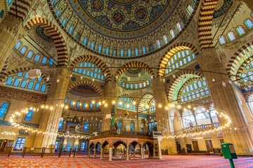 Fototapeta na wymiar Selimiye Mosque interior view in Edirne City of Turkey. Edirne was capital of Ottoman 