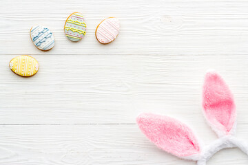 Easter bunny ears with eggs cookies, space for text