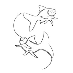 Small fishes isolated on white background. Line art