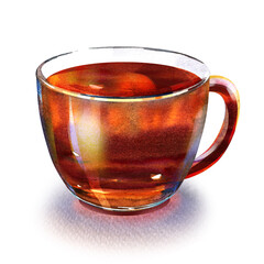 Tea in glass cup isolated, hot drink, close-up, hand drawn watercolor illustration on white background