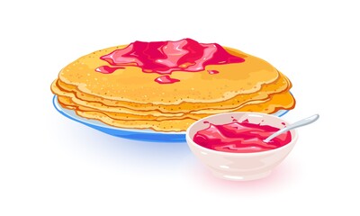 Hot pancakes with raspberry jam served on plate. Vector delicious sweet fruity breakfast, fried crepe with fruit topping, Lunch, nutritious meal idea isolated on white background