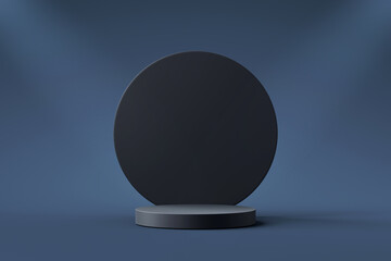 Navy blue product background stand or podium pedestal on advertising display with blank backdrops. 3D rendering.