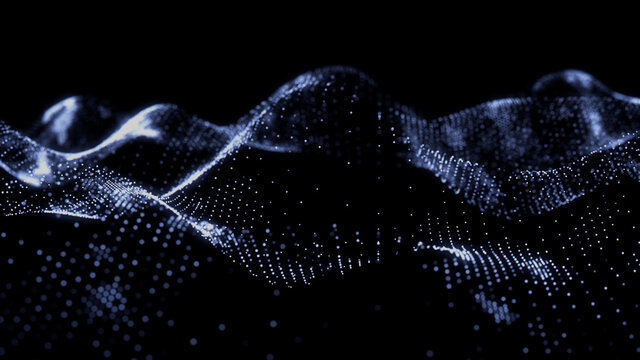 Abstract 3D Technology concept. Big Data and Artificial Intelligence represented as a High Tech Futuristic Particle Network. Abstract background. 3D render