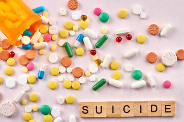 Suicide pills concept. Many various medicine drugs.