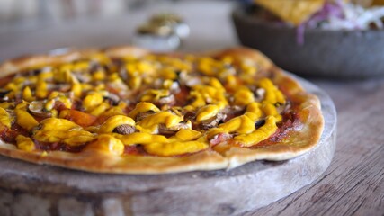 Close up of delicious plant based pizza. Healthy vegan lifestyle