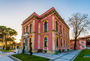 Fototapeta na wymiar Historical Municipality of Edirne building and Selimiye Mosque view in Edirne City.