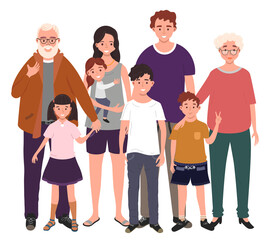 Big happy family together. Father, mother, grandfather, grandmother and children. Vector illustration