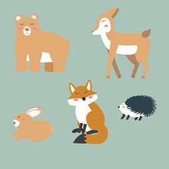 Vector illustration of forest animals. Animals fox deer bear rabbit hedgehog isolated on white background
