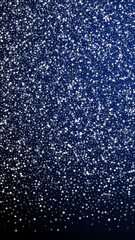 Amazing falling stars Christmas background. Subtle flying snow flakes and stars on dark blue background. Amusing winter silver snowflake overlay template. Perfect vertical illustration.