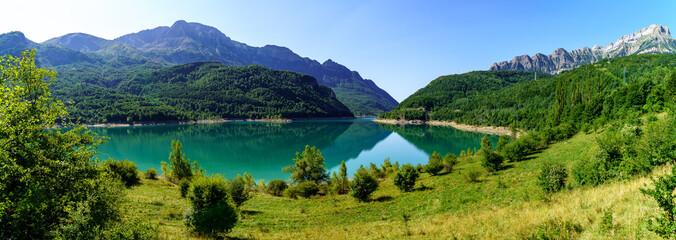 Green mountain landscape in the Pyrenees of Aragon Spain.
