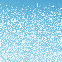 Fototapeta na wymiar Amazing falling snow Christmas background. Subtle flying snow flakes and stars on blue transparent background. Alluring winter silver snowflake overlay template. Great vector illustration.