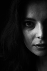 Emotional Sensual black and white portrait of a beautiful girl on a dark background
