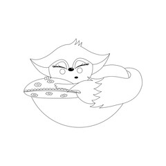 Isolated black outline cartoon friendly fox cub on white background. Sleeping on pillow friendly fox. Curve lines. Page of coloring book.