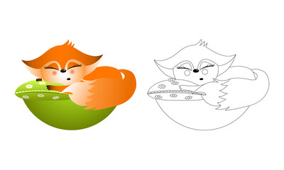 Isolated black outline and colorful cartoon fox cub on white background. Sleeping on green pillow friendly fox. Wild animal funny personage. Line art. Page of coloring book.