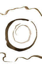 Watercolor abstract hand drawn illustration with sepia and umbra textured lines and circles. Sepia and umbra picture on the white background, portrait orientation.