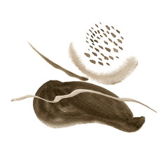 Watercolor abstract hand drawn illustration with sepia textured shape, flakes, lines and dots. An abstract square picture with a white background.