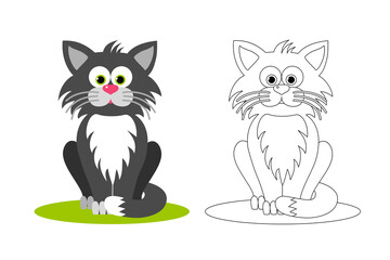 Isolated black outline and colorful cartoon sitting cat on white background. Line art. Page of coloring book. Halloween illustration.