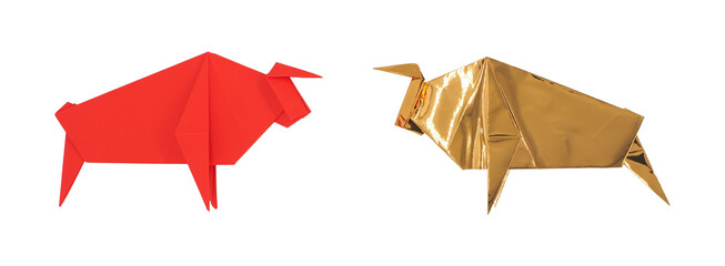 Red and gold origami paper bull isolated on white background.  Golden ox for new year.  Bull market...