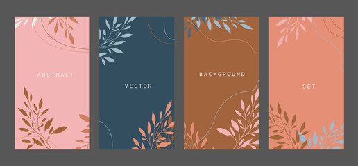 Vector set of abstract botanical backgrounds - vibrant banners with lines and leaves. Suitable for wallpapers, posters, cover design templates, social media stories.

