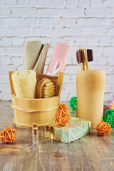 Fototapeta na wymiar Organic fragrant handmade soap and personal care items made of natural materials.